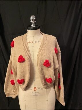 Beige Cropped Cardigan Sweater with Red Heart Appliqués
